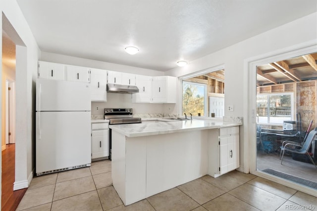 kitchen featuring white cabinetry, kitchen peninsula, and white fridge