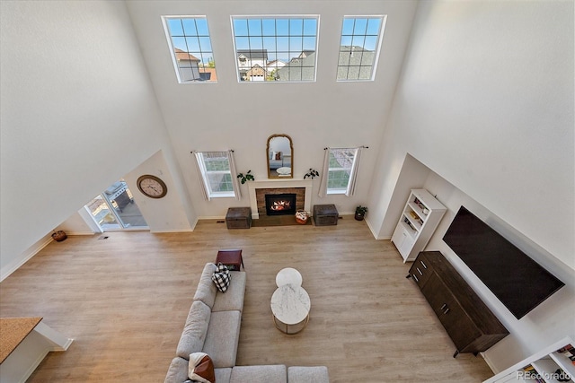 living room with a towering ceiling and light hardwood / wood-style floors