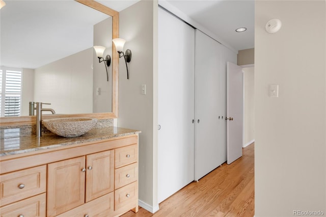 bathroom with vanity and wood-type flooring