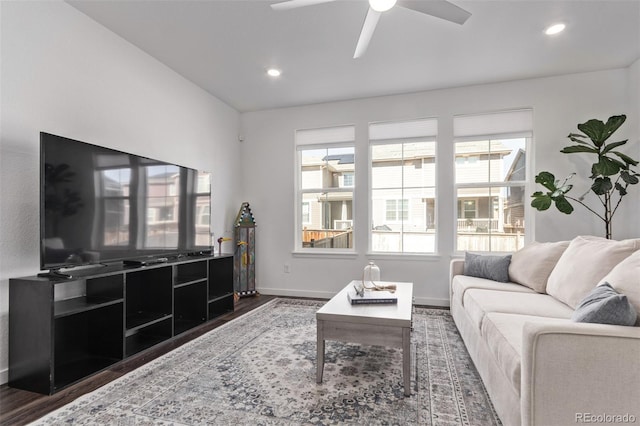 723 176th Ave, Broomfield, CO 80023 - living room with wood finished floors, baseboards, a ceiling fan, and recessed lighting