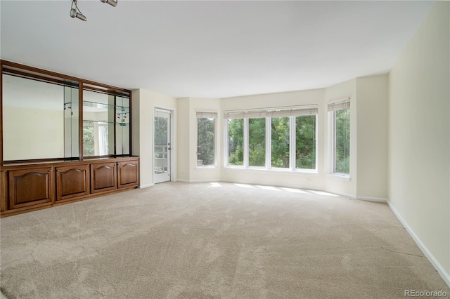 unfurnished living room with light colored carpet