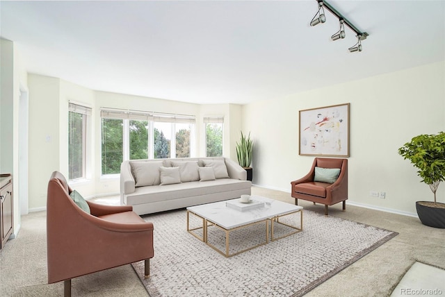 living room with light carpet, rail lighting, and baseboards