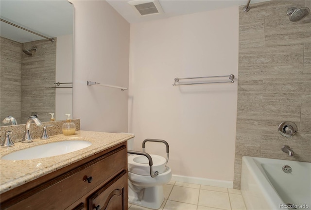 full bathroom with visible vents, baseboards, toilet, tile patterned flooring, and vanity