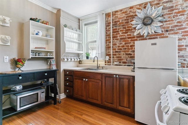 kitchen featuring a sink, white appliances, light countertops, light wood-style flooring, and ornamental molding