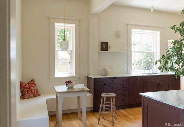 3330 Bruce Randolph Ave, Denver, CO 80205 - kitchen with a sink, light wood finished floors, and light stone counters