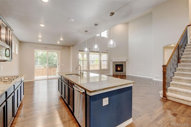2454 Ambience Ln, Castle Rock, CO 80109 - kitchen with a sink, stainless steel appliances, wood finished floors, open floor plan, and baseboards