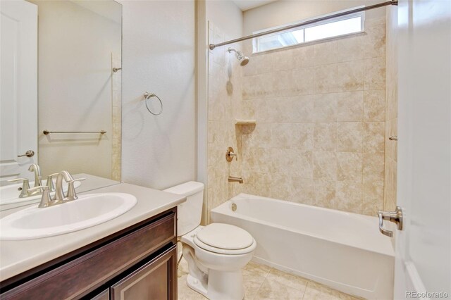 2454 Ambience Ln, Castle Rock, CO 80109 - bathroom featuring toilet, vanity, shower / bath combination, and tile patterned floors
