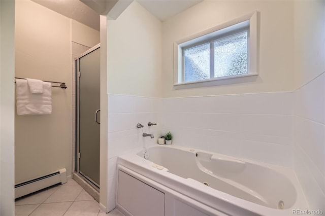 3245 S Kendall St, Denver, CO 80227 - full bathroom with a baseboard heating unit, a garden tub, a stall shower, and tile patterned flooring
