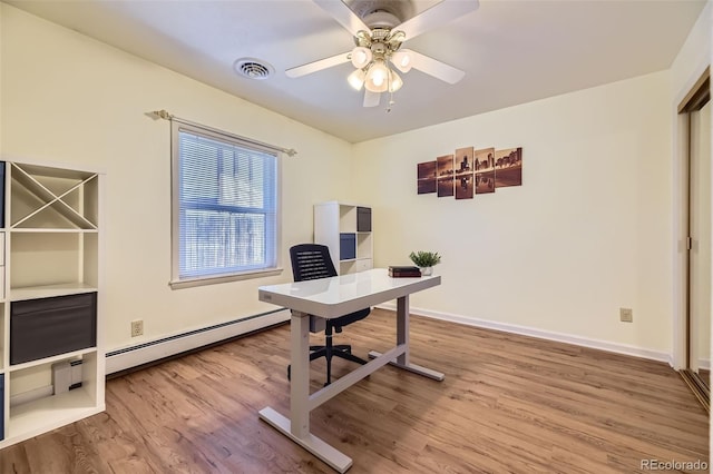 3245 S Kendall St, Denver, CO 80227 - office area with a baseboard heating unit, wood finished floors, and ceiling fan