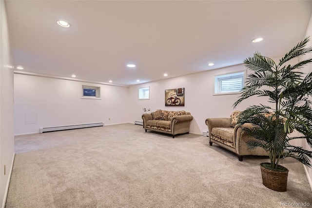 3245 S Kendall St, Denver, CO 80227 - living area with a baseboard radiator, carpet flooring, plenty of natural light, and recessed lighting