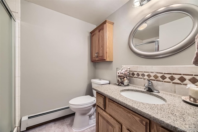 3245 S Kendall St, Denver, CO 80227 - full bath featuring a baseboard radiator, vanity, and an enclosed shower