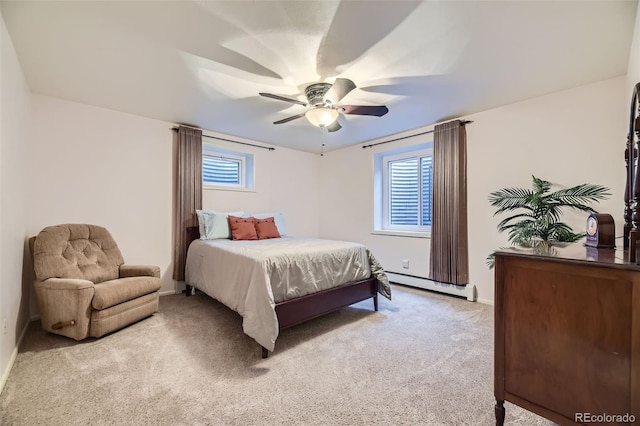 3245 S Kendall St, Denver, CO 80227 - bedroom with a baseboard radiator, light carpet, and ceiling fan
