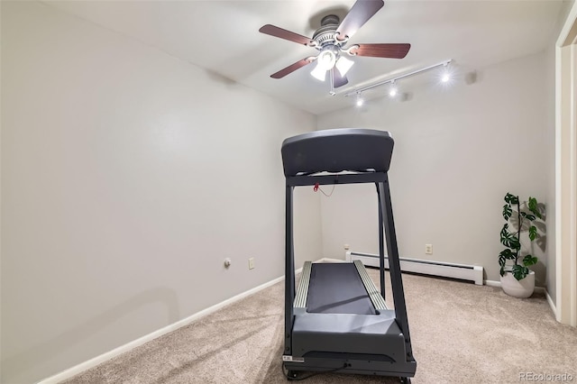 3245 S Kendall St, Denver, CO 80227 - exercise room featuring a baseboard heating unit, rail lighting, carpet, and ceiling fan
