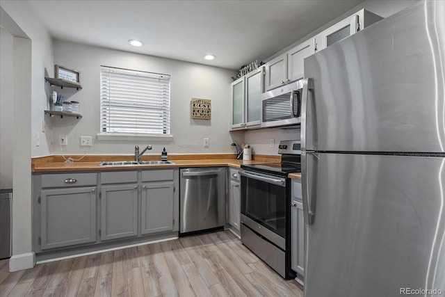 kitchen with light wood finished floors, a sink, stainless steel appliances, gray cabinetry, and recessed lighting