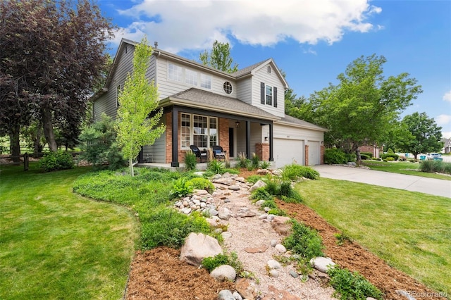 2037 River W Dr, Windsor, CO 80550 - traditional-style house featuring covered porch, driveway, a front lawn, and brick siding