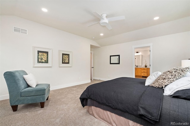 2037 River W Dr, Windsor, CO 80550 - bedroom featuring vaulted ceiling, light carpet, recessed lighting, ceiling fan, and ensuite bath