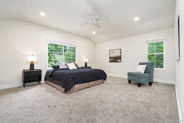 2037 River W Dr, Windsor, CO 80550 - bedroom featuring vaulted ceiling, multiple windows, carpet flooring, recessed lighting, and ceiling fan