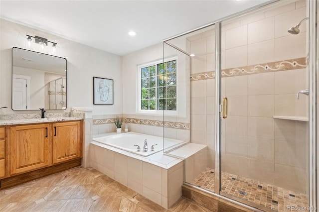 2037 River W Dr, Windsor, CO 80550 - bathroom featuring vanity, a shower stall, a bath, recessed lighting, and tile patterned floors