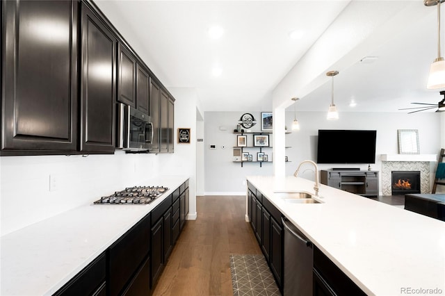 14454 Grape Way, Thornton, CO 80602 - kitchen featuring a sink, stainless steel appliances, ceiling fan, open floor plan, and dark wood finished floors