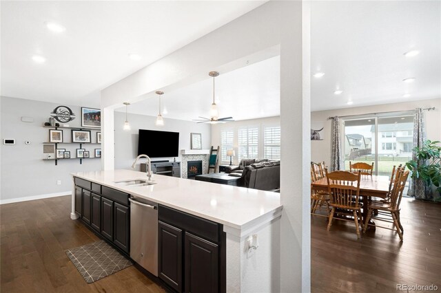 14454 Grape Way, Thornton, CO 80602 - kitchen featuring stainless steel dishwasher, a sink, a warm lit fireplace, dark wood-style floors, and healthy amount of natural light
