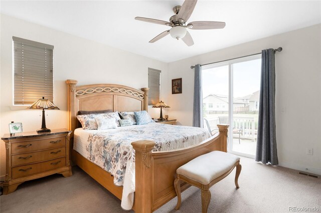 14454 Grape Way, Thornton, CO 80602 - bedroom with access to outside, multiple windows, light carpet, and a ceiling fan