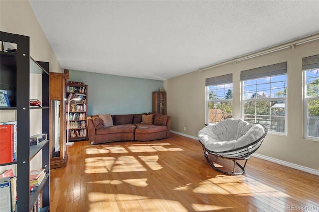 living room featuring light hardwood / wood-style floors and a textured ceiling