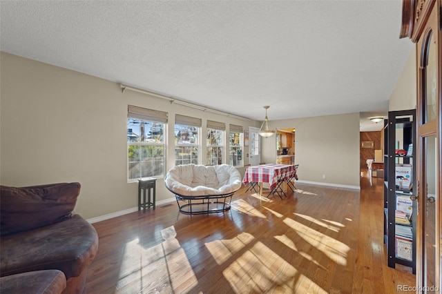 living room with dark hardwood / wood-style floors and a textured ceiling