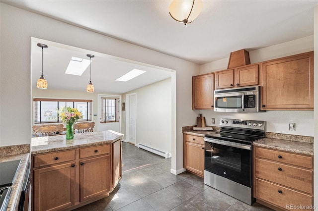 2252 Lamar St, Edgewater, CO 80214 - kitchen with appliances with stainless steel finishes, a skylight, baseboard heating, decorative light fixtures, and a peninsula