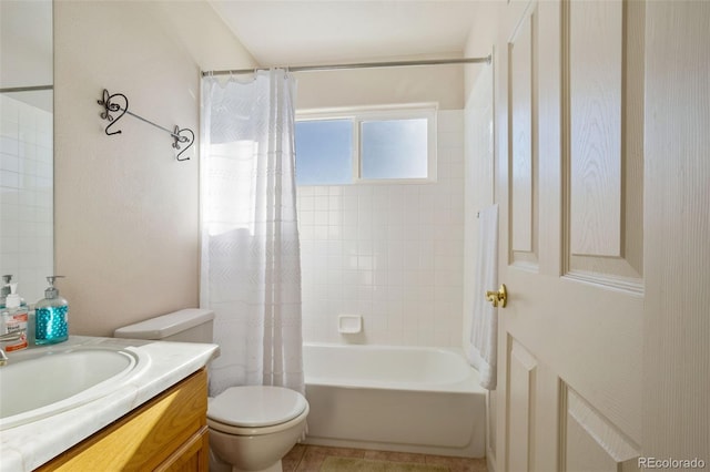 17950 Cumbres Rd, Peyton, CO 80831 - bathroom with toilet, vanity, and shower / bathtub combination with curtain