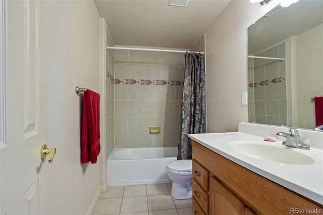 17950 Cumbres Rd, Peyton, CO 80831 - bathroom with tile patterned floors, vanity, toilet, shower / bath combo, and baseboards