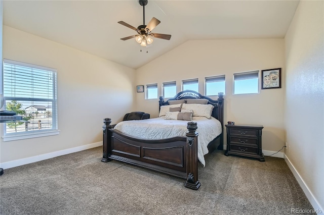 carpeted bedroom with ceiling fan, lofted ceiling, and multiple windows