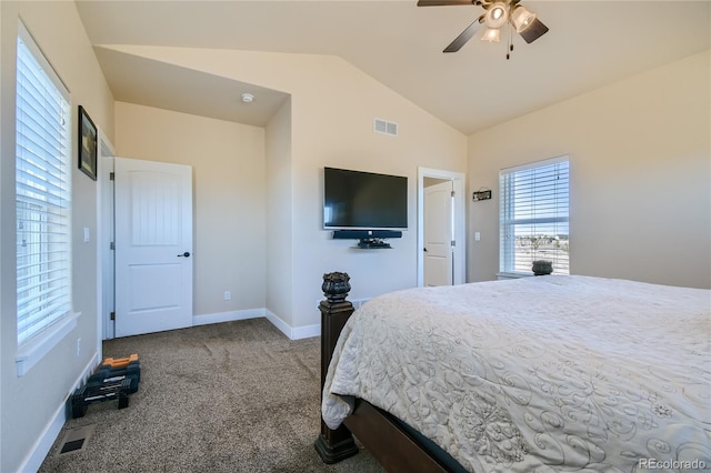 bedroom with carpet floors, lofted ceiling, and ceiling fan