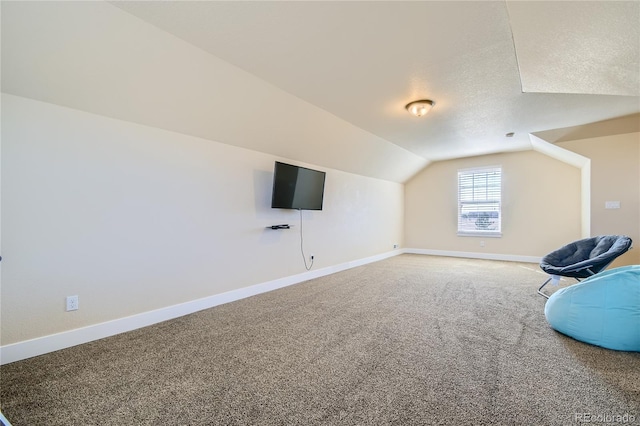 additional living space featuring a textured ceiling, lofted ceiling, and carpet flooring