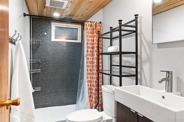 4100 Shaw Blvd, Westminster, CO 80031 - bathroom with tiled shower, recessed lighting, wooden ceiling, and vanity