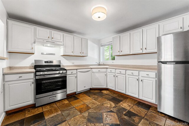 1535 Hudson St Unit 1, Denver, CO 80220 - kitchen featuring stainless steel appliances, stone tile flooring, under cabinet range hood, white cabinets, and light countertops