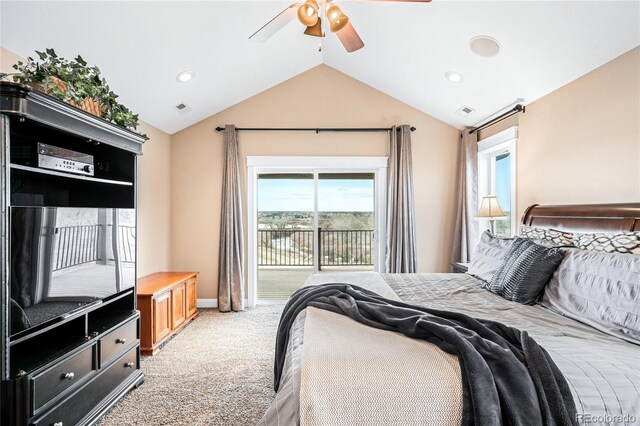 carpeted bedroom featuring access to outside, ceiling fan, and vaulted ceiling