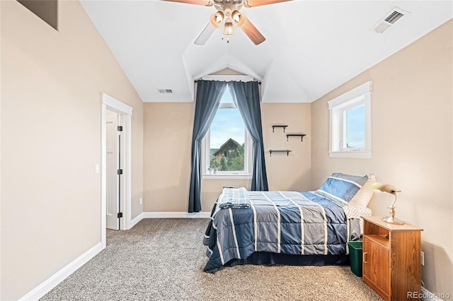 bedroom featuring ceiling fan, lofted ceiling, and carpet floors