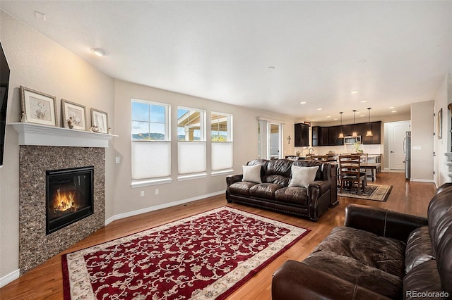 6173 Eldora St, Golden, CO 80403 - living room featuring wood finished floors, a fireplace, and baseboards