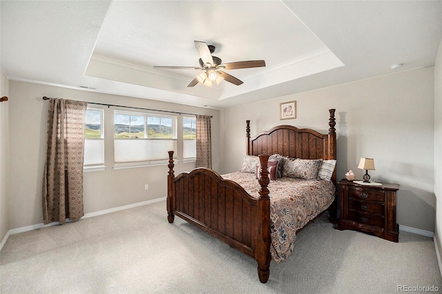 6173 Eldora St, Golden, CO 80403 - carpeted bedroom with a raised ceiling, baseboards, ornamental molding, and ceiling fan