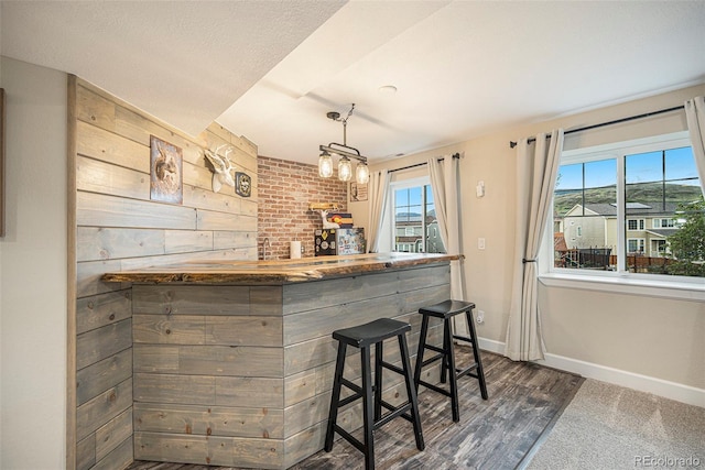6173 Eldora St, Golden, CO 80403 - indoor dry bar featuring baseboards, dark wood-style floors, and decorative light fixtures