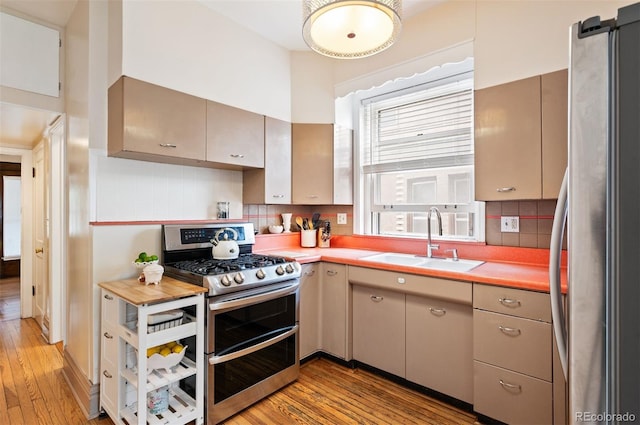 1430 Monroe St, Denver, CO 80206 - kitchen featuring appliances with stainless steel finishes, a sink, light wood-style flooring, and light countertops