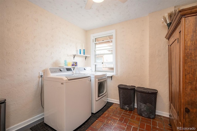 1430 Monroe St, Denver, CO 80206 - washroom featuring washer and dryer, brick patterned flooring, ceiling fan, and baseboards