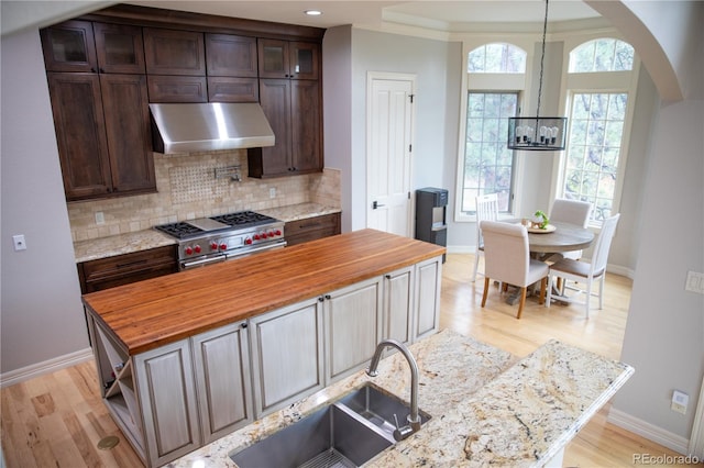 kitchen featuring tasteful backsplash, butcher block countertops, dark brown cabinets, high end range, and exhaust hood