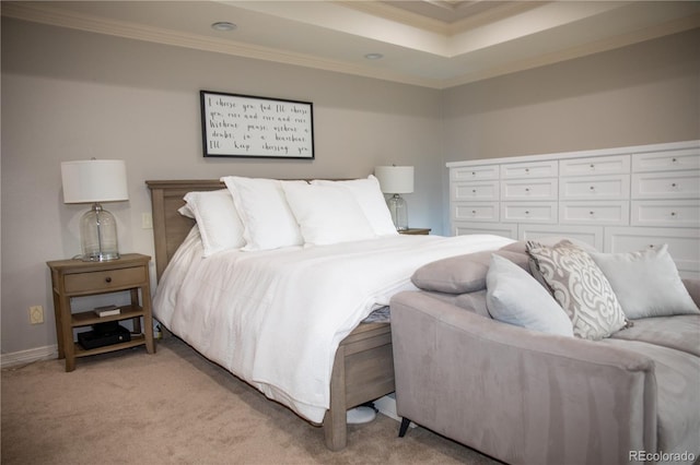 carpeted bedroom with ornamental molding