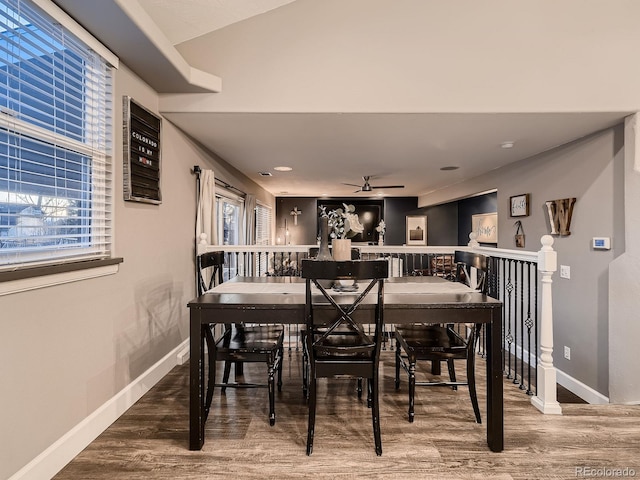 dining room featuring a healthy amount of sunlight, baseboards, and wood finished floors