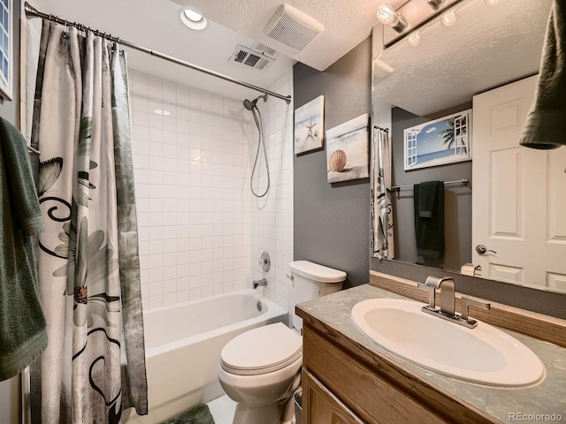 full bathroom with a textured ceiling, toilet, shower / tub combo, vanity, and visible vents