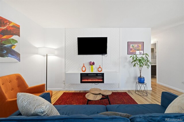 living room featuring wood finished floors, a large fireplace, and baseboards