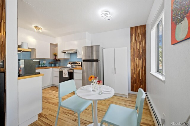 kitchen with appliances with stainless steel finishes, under cabinet range hood, baseboard heating, backsplash, and white cabinets