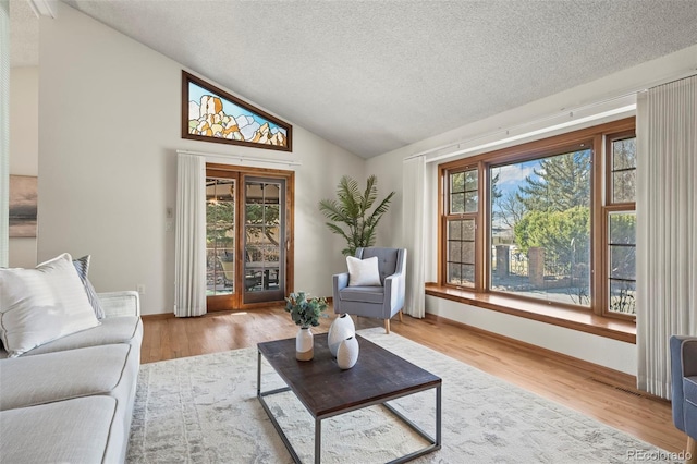 living area featuring plenty of natural light, wood finished floors, and vaulted ceiling