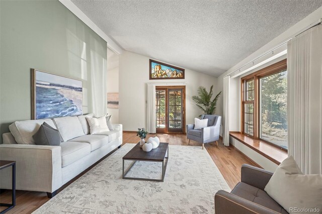 living room featuring vaulted ceiling, wood finished floors, french doors, and a textured ceiling